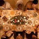 Top View of a Family Praying Before Christmas Dinner