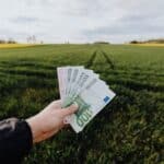 Crop farmer showing money in green summer field in countryside