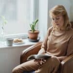 Elderly woman reading textbook against tea and cookies in house