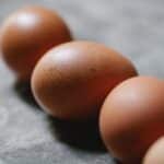 High angle of row of uncooked fresh brown chicken eggs placed on gray table in kitchen