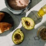 Fresh food and ingredients for healthy breakfast on marble desk